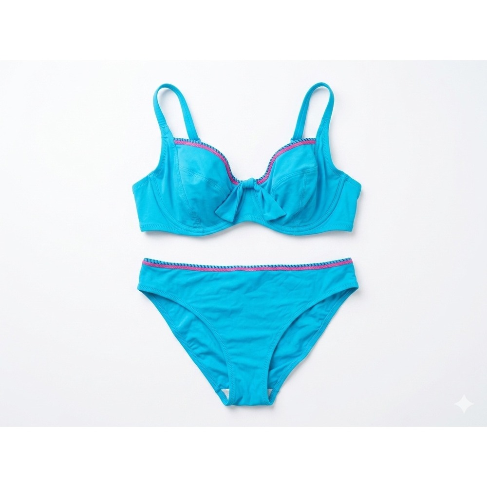 Antigel Blue Underwire Bikini Set Pink Embroidered Trim Two Piece Swimsuit